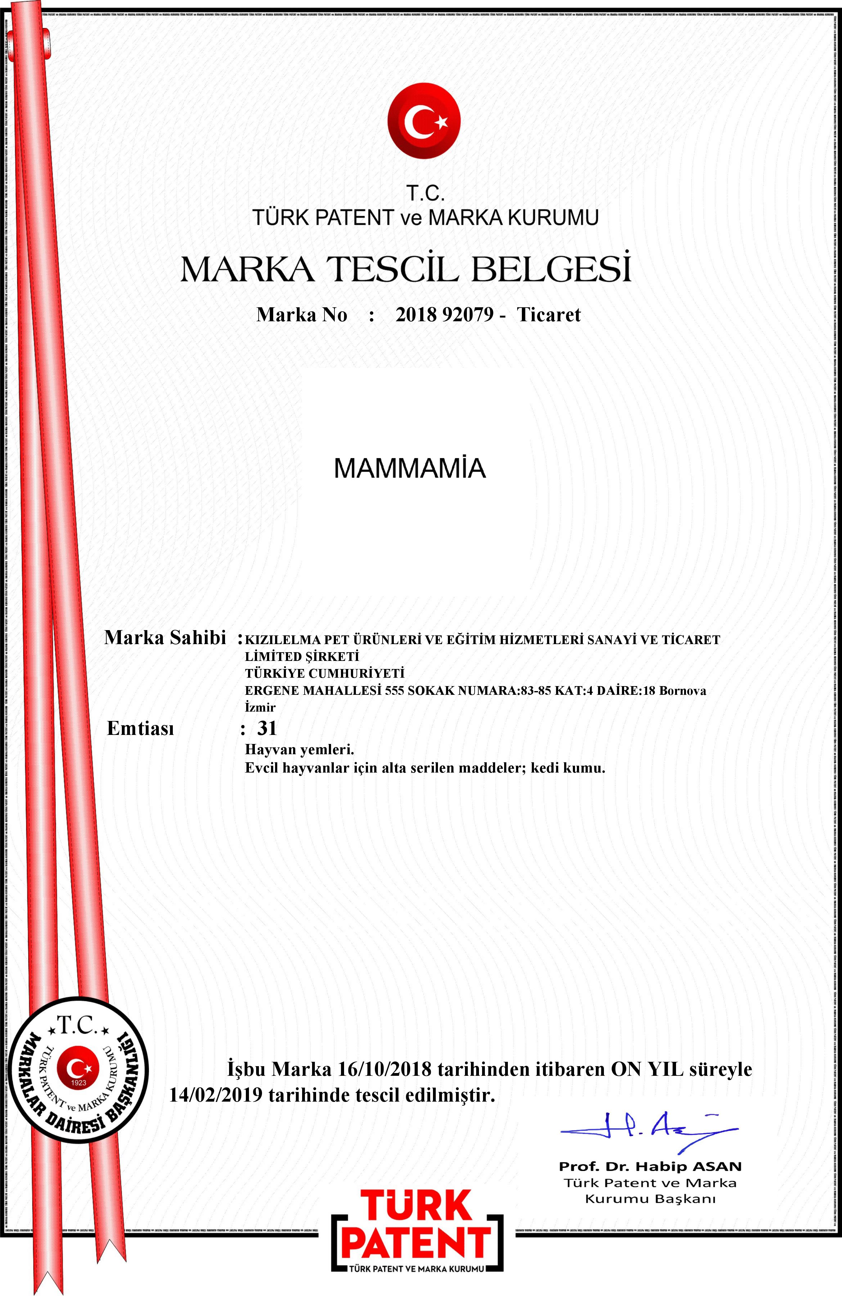 MAMMAMIA TESCİL BELGESİ